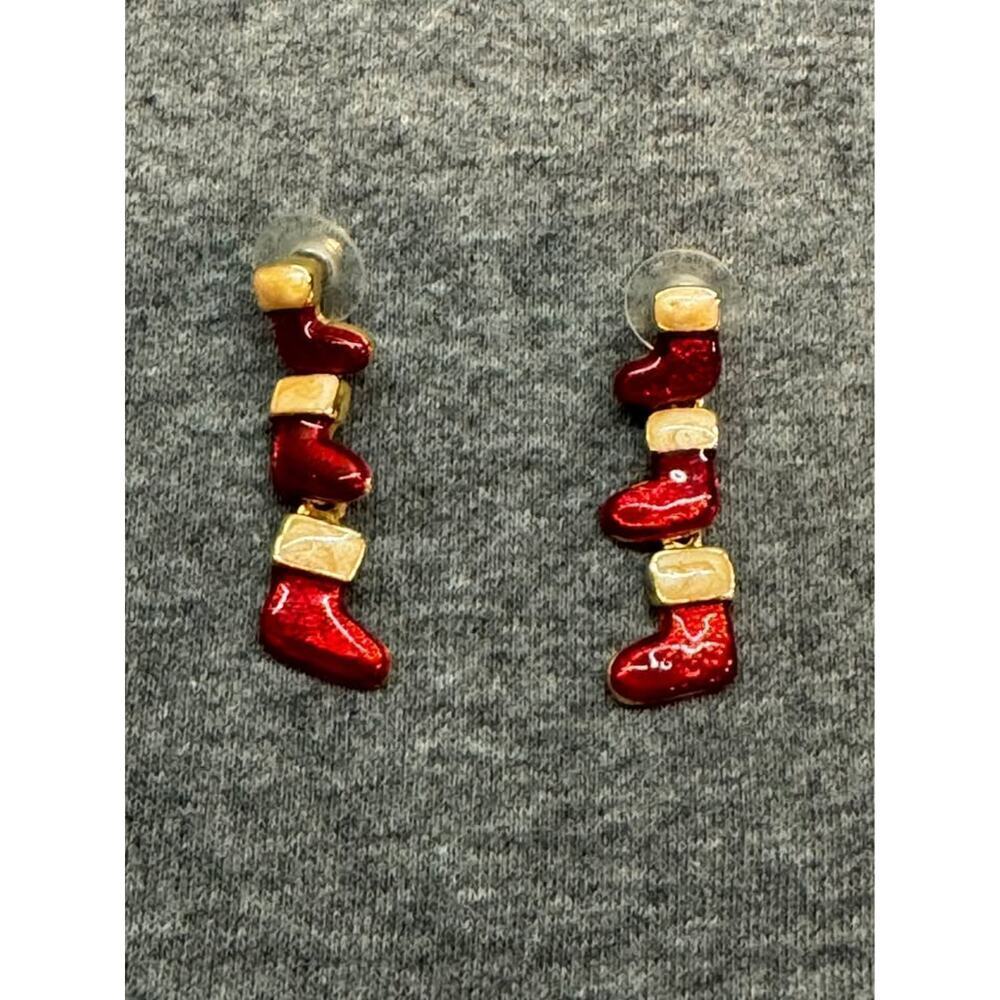 Vintage Holiday Christmas Santa Stocking Red and White Enamel Pierced Earrings